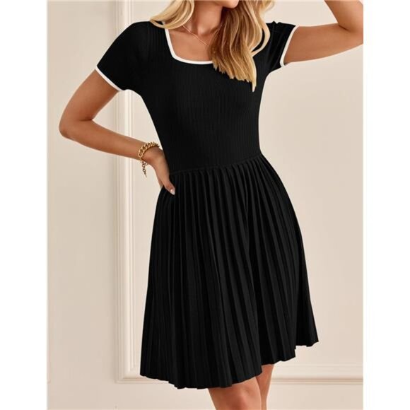 Ribbed Square Neck Color Block Pleated Mini Dress Short Sleeve A-Line - Picture 4 of 7